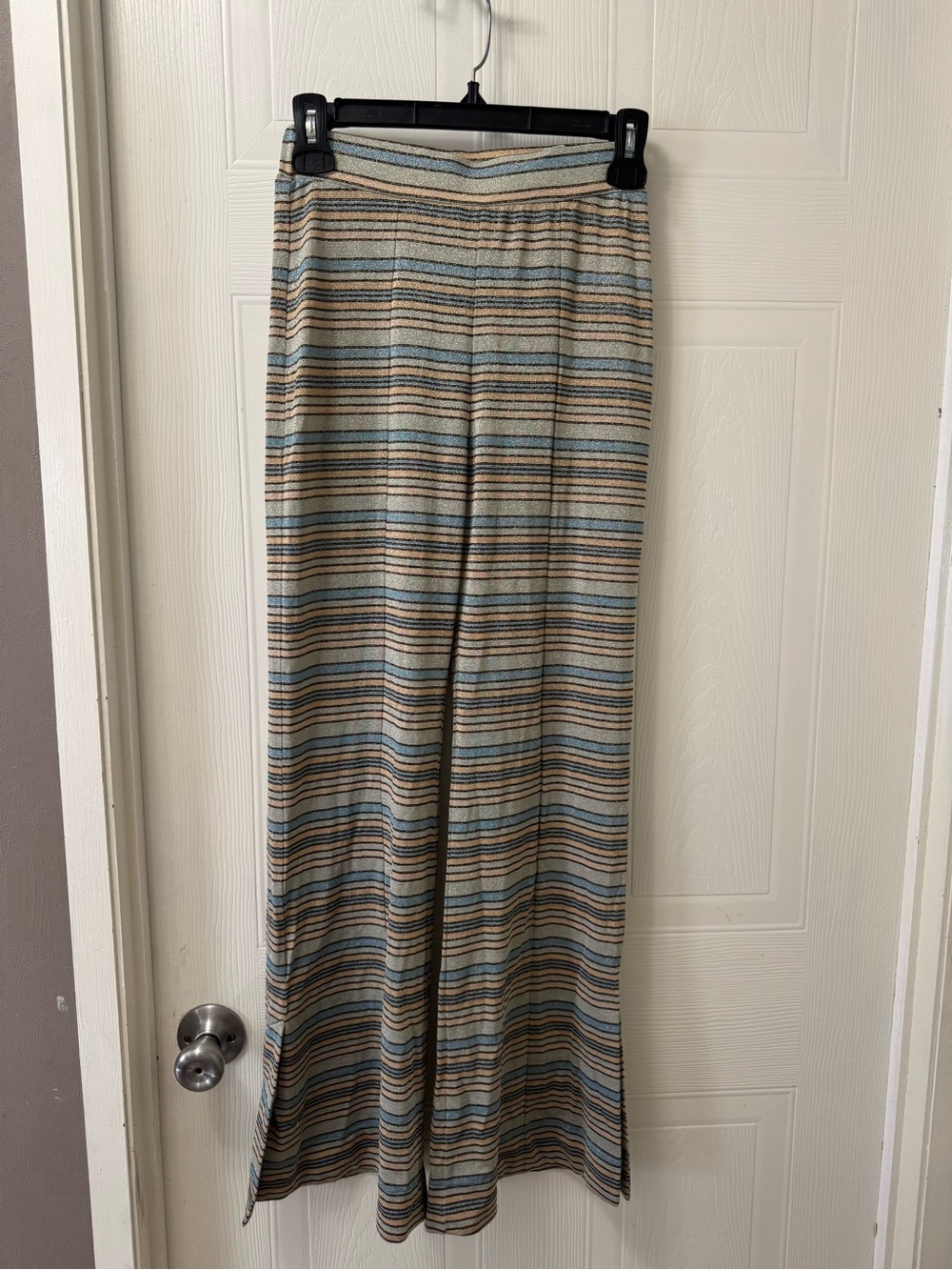 STINE GOYA Striped Knit Pants in Blue, Beige & Black